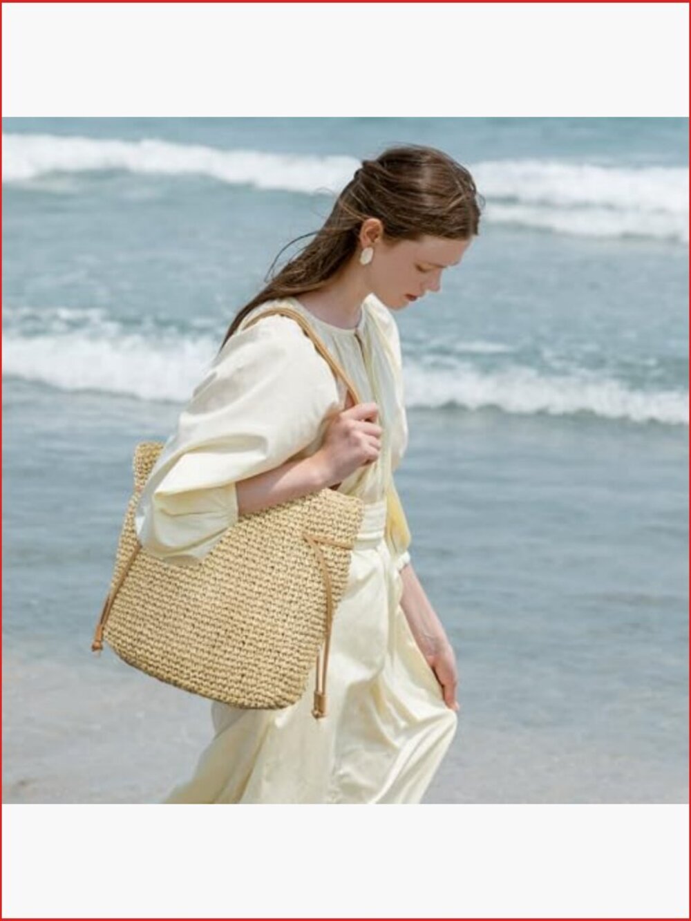 Hand Woven Straw Tote, Adjustable Drawstring Beach Bag, Summer Vacation - Picture 2 of 7